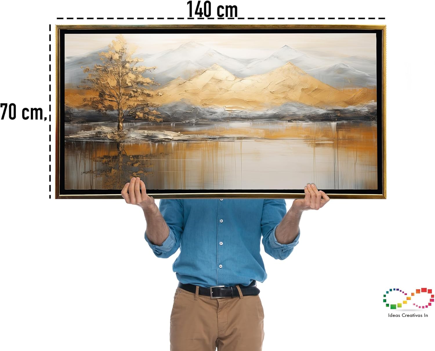 Ideas Creativas In Cuadro Decorativo Canvas Con Marco-Para Sala Recamara Oficina -Paisaje Bonito Con MontaƱas y Arboles en Tonos Dorados - Aplicacion de Polvo de Oro- Texturizado-140 X70 cm(Oro) - Imagen 7