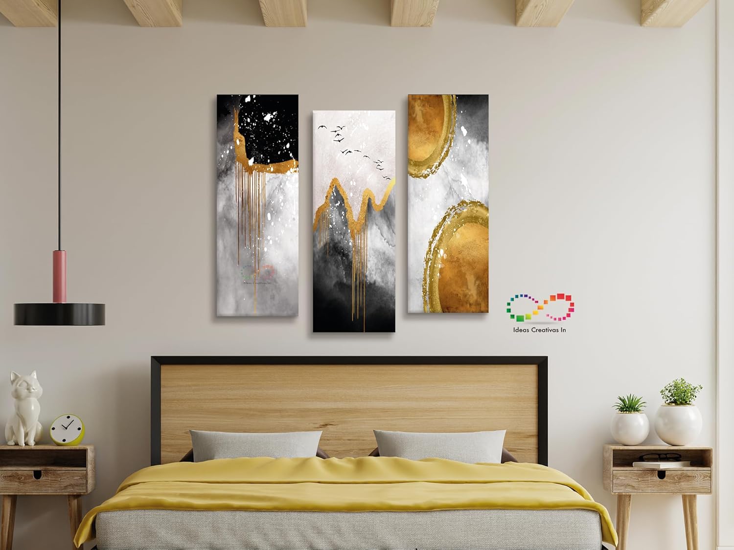 Ideas Creativas In Set de 3 Cuadros Decorativos Canvas Lienzo Impresión Arte Abstracto Negro Gris Con Textura Oro Polioleo Diferentes Tamaños Medidas Disponibles Decoración Para Interiores Cuadros Minimalistas Modernos Cuadro Para Sala Comedor Recámara Oficina Cocina Calidad Premium - Imagen 4