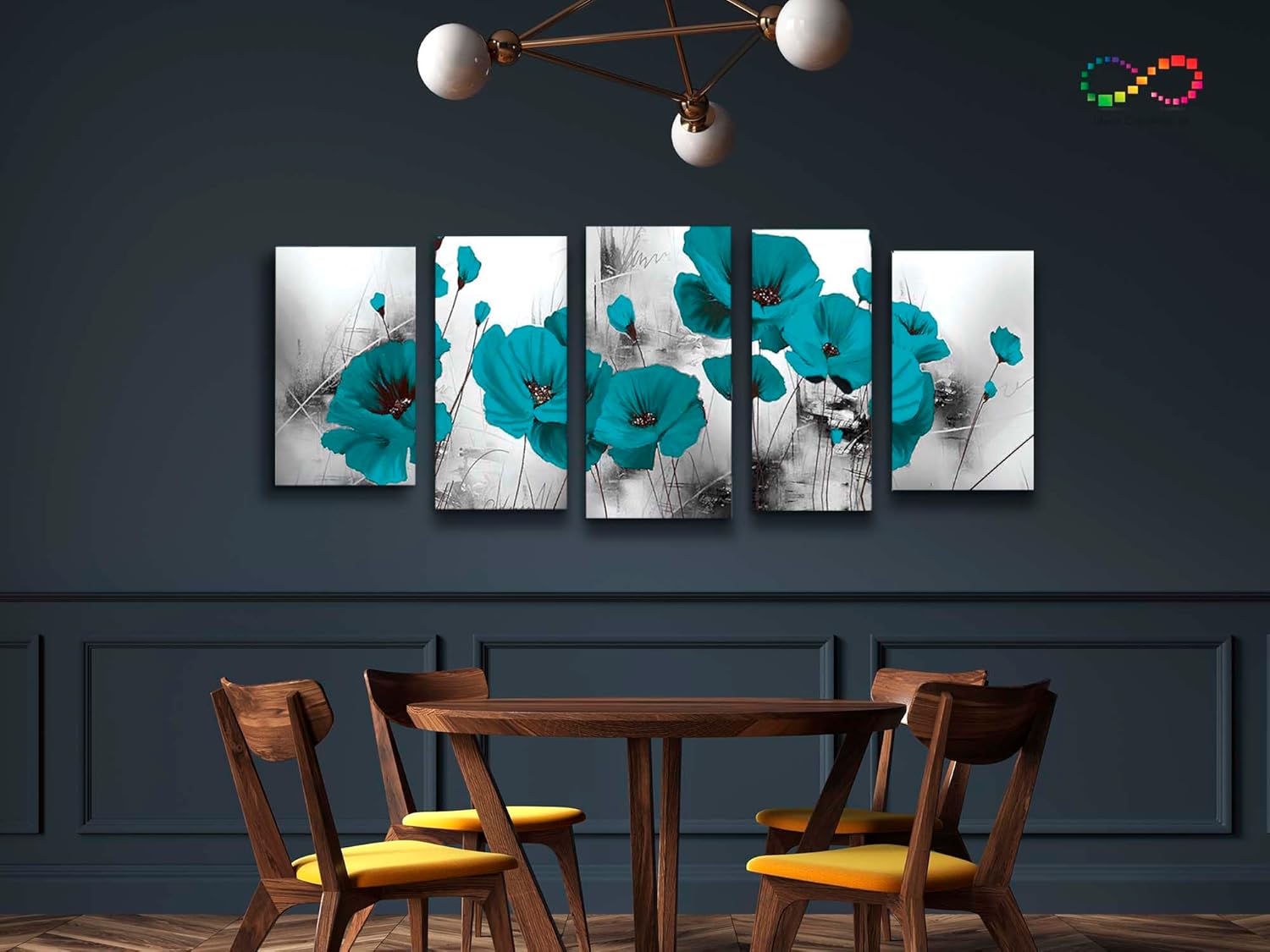 Set de 5 Cuadros Decorativos Modernos Para Sala Flor Turquesa - Imagen 4