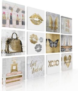 Ideas Creativas In-Set de 12 Cuadros Decorativos Para Recamaras- Love Fashion Tonos Dorados-Tela...