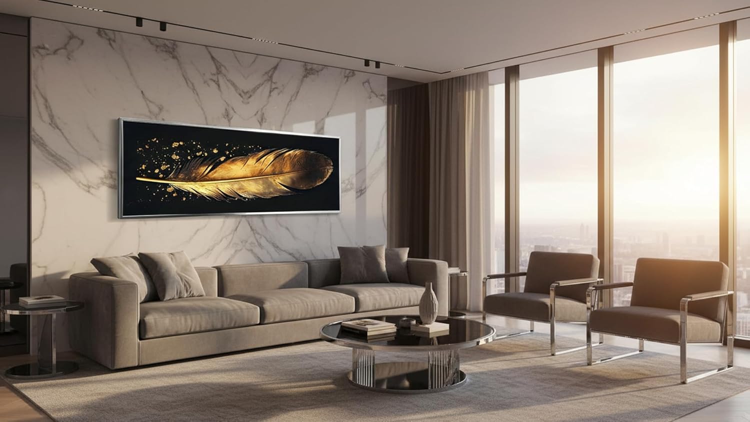 Ideas Creativas- Cuadros Decorativos Para Sala- Canvas Lienzo Sublimación-Marco- Panoramico Pluma de angel Tonos Oro -Textura Oleo- Detalles en Polvo de Oro-150 x 50 cm (PLATA) - Imagen 7