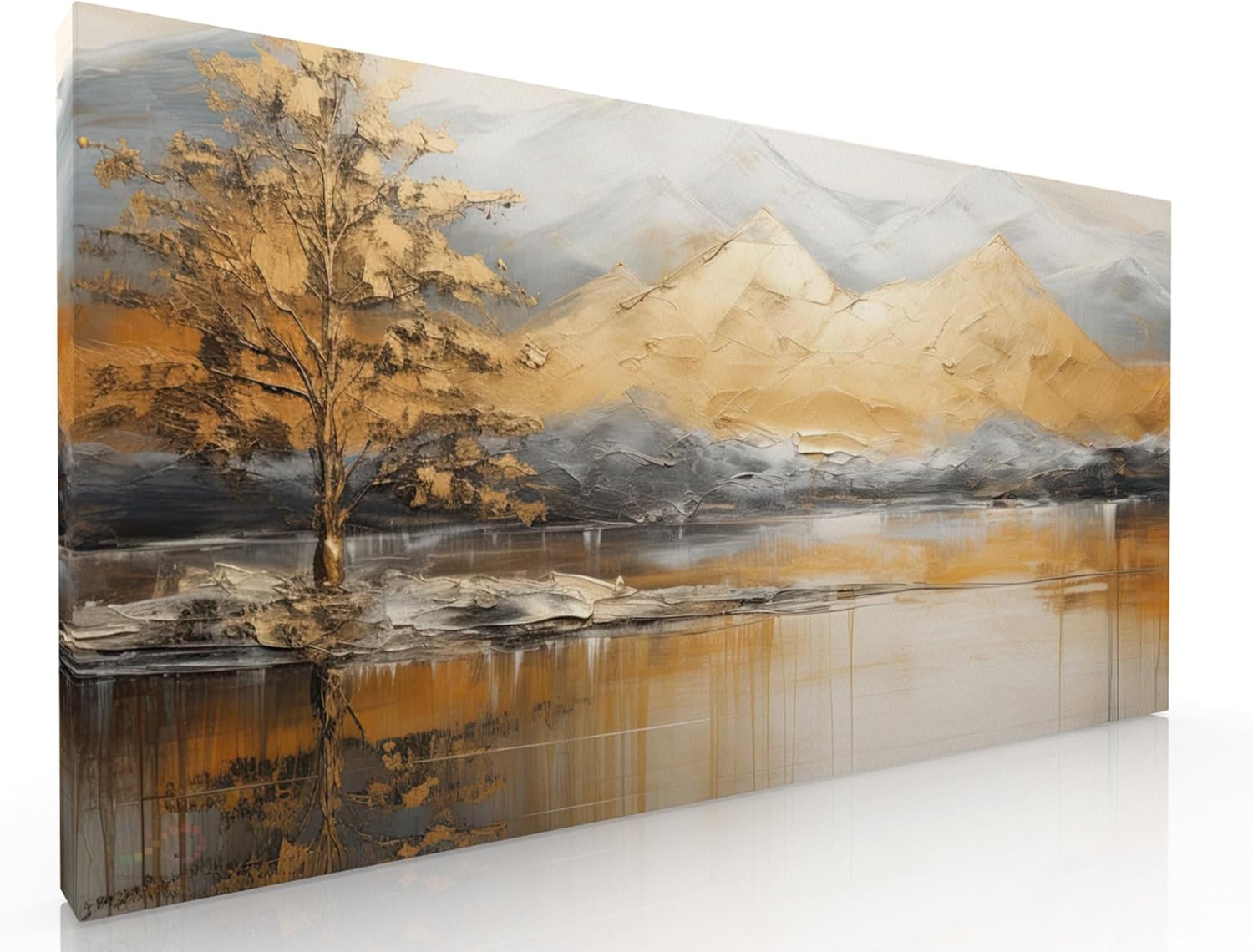 Ideas creativas In-Cuadro Decorativo Moderno Para Sala Dormitorio Oficina- Paisaje MontaƱas Doradas Y Gran Lago-Calidad Premium-Terminados En Polvo de Oro- Pintura