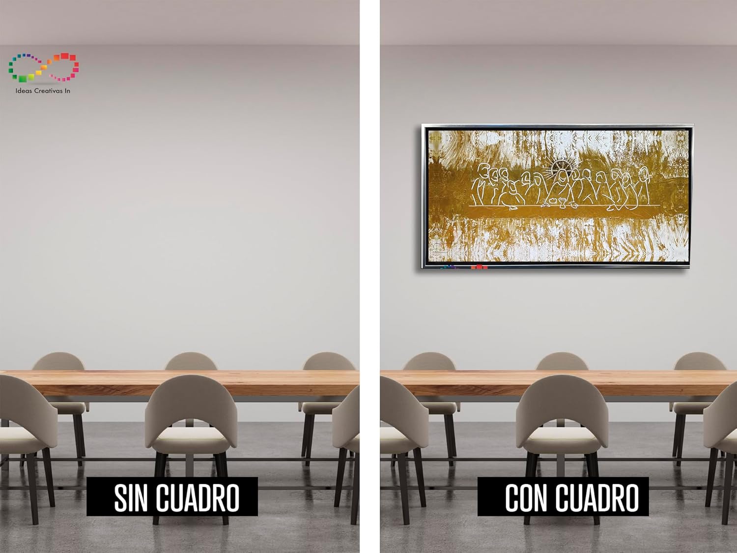 Ideas Creativas in-Cuadro Decorativo Canvas Marco Flotante Para Comedor Cocina Ultima Cena Tonbos Dorados Calidad Premium (Plata)-Textura Oleo-140x70 cm - Imagen 7