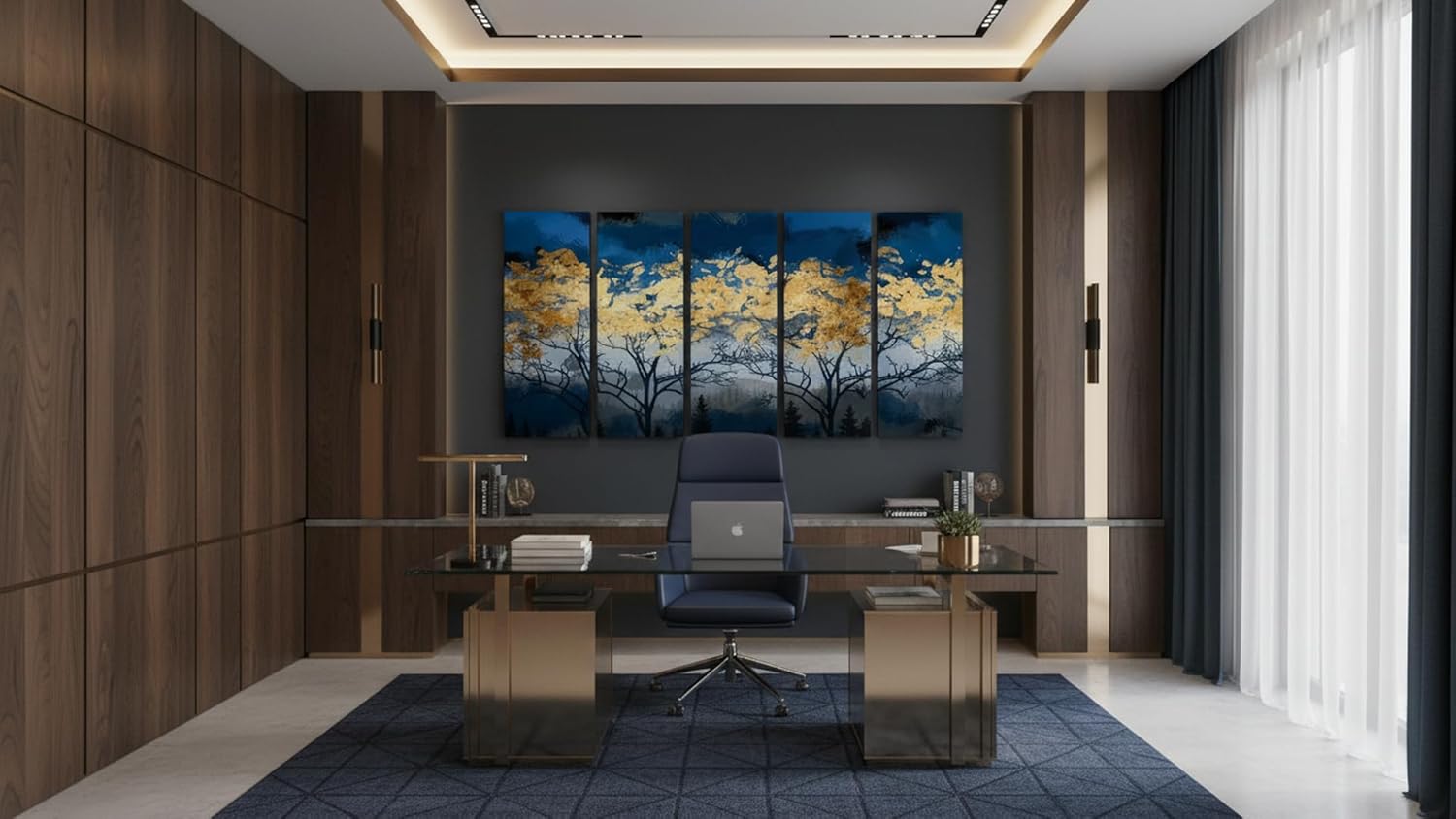 Ideas Creativas In-Set de 5 Cuadros Decorativos Abstracto Para Recamara Sala o Comedor Arbol Con Oro-Moderno-Tela Canvas-160 cm x 80 cm - Imagen 4