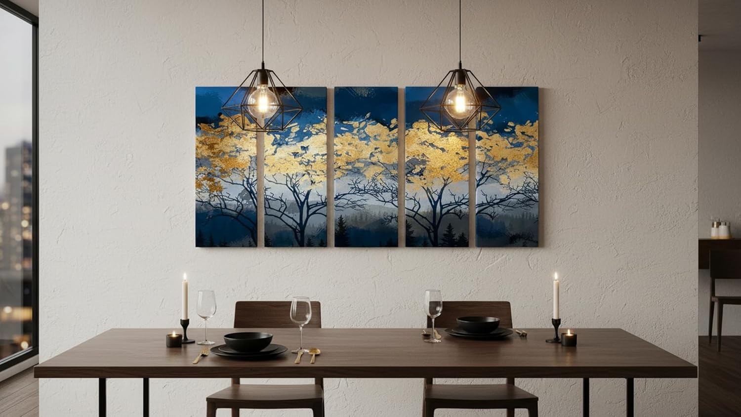 Ideas Creativas In-Set de 5 Cuadros Decorativos Abstracto Para Recamara Sala o Comedor Arbol Con Oro-Moderno-Tela Canvas-160 cm x 80 cm - Imagen 2