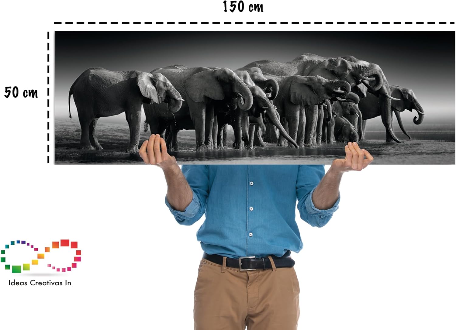 Ideas Creativas In-Cuadro Decorativo Panorámico Para Sala o Recamara Familia De Elefantes- Moderno- Blanco Y negro-Canvas-Tipo Galeria-150 x 50 cm - Imagen 6