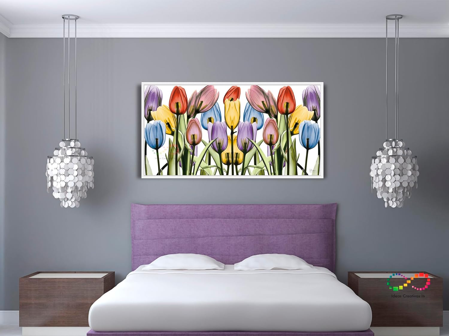 Ideas creativas In-Cuadro Decorativo Moderno Con Marco Flotante Tulipanes de Color (Blanco)- Flores-Salas-Comedor-Textura Oleo-Tela Canvas-140 x 70 cm - Imagen 2