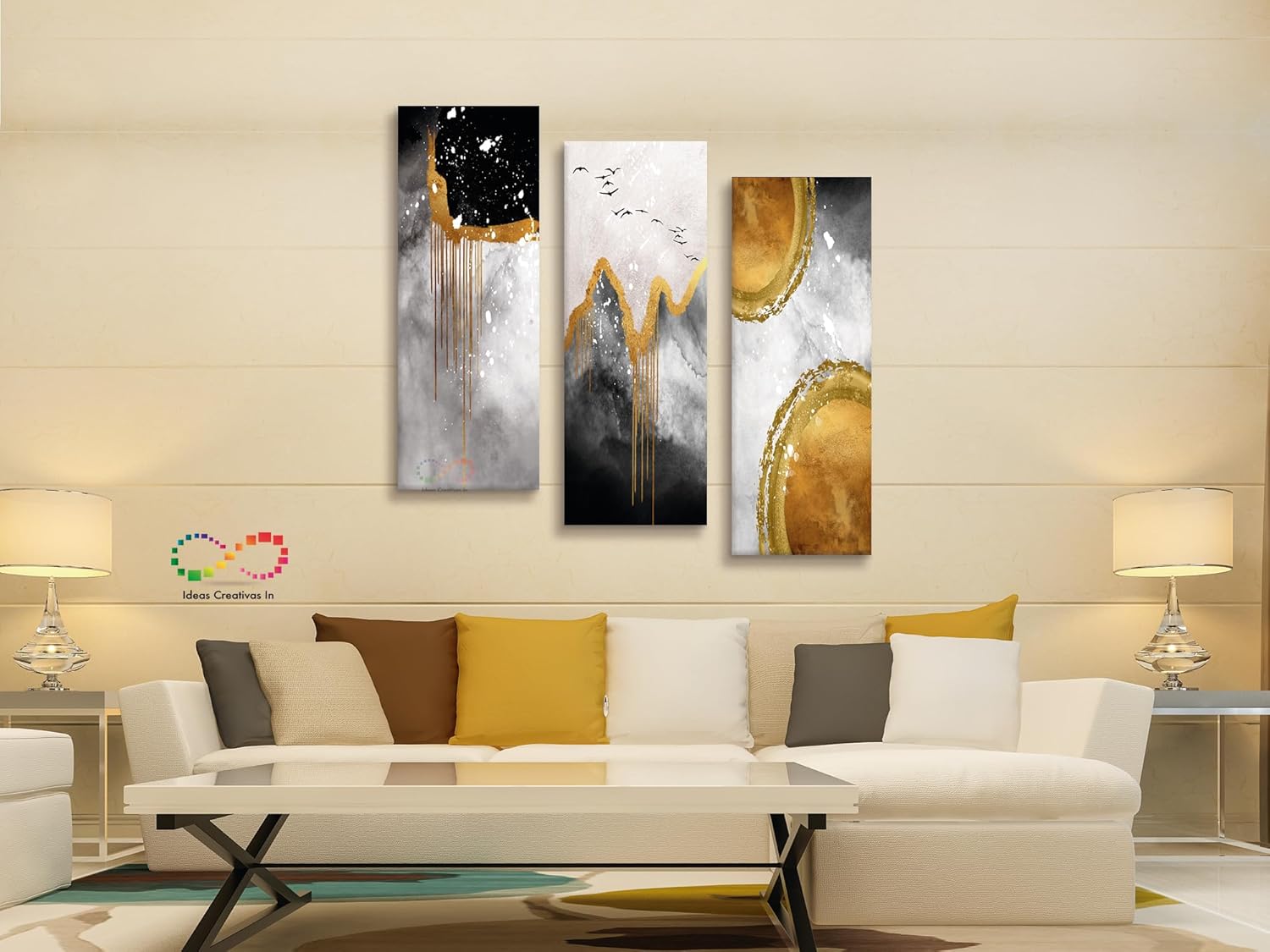 Ideas Creativas In Set de 3 Cuadros Decorativos Canvas Lienzo Impresión Arte Abstracto Negro Gris Con Textura Oro Polioleo Diferentes Tamaños Medidas Disponibles Decoración Para Interiores Cuadros Minimalistas Modernos Cuadro Para Sala Comedor Recámara Oficina Cocina Calidad Premium - Imagen 2