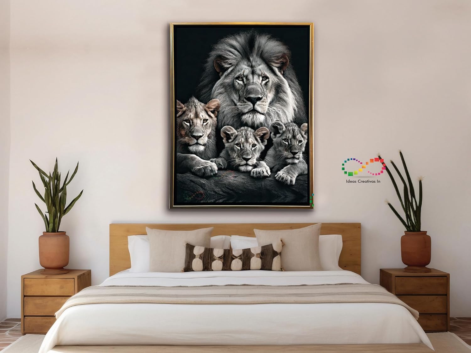 Ideas Creativas In-Cuadro Decorativo Canvas Con Marco Flotante Para Sala Recamara Oficina Bar Familia De Leones Moderno-Blanco y Negro 80 cm x 120 cm (Oro) - Imagen 5