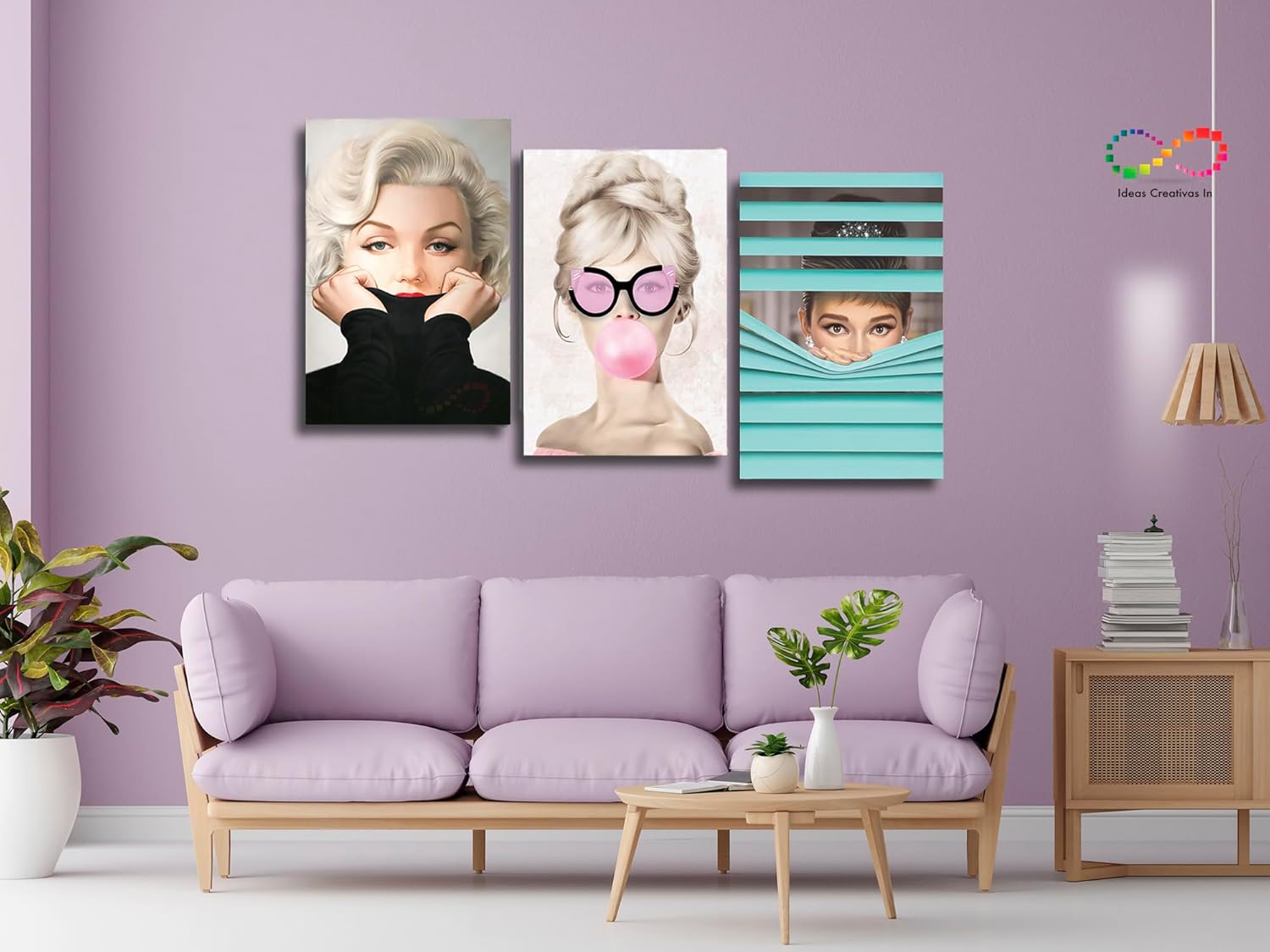 Ideas Creativas In | Set de 3 Cuadros sublimados en tela | Marilyn Monroe y Audrey Hepburn Brigitte Bardot| Estilo Moderno| Decoración en Tela Canvas| Cuadro para Sala Recamara Oficina Comedor | Listo para Colgar Tipo Galería - Imagen 7
