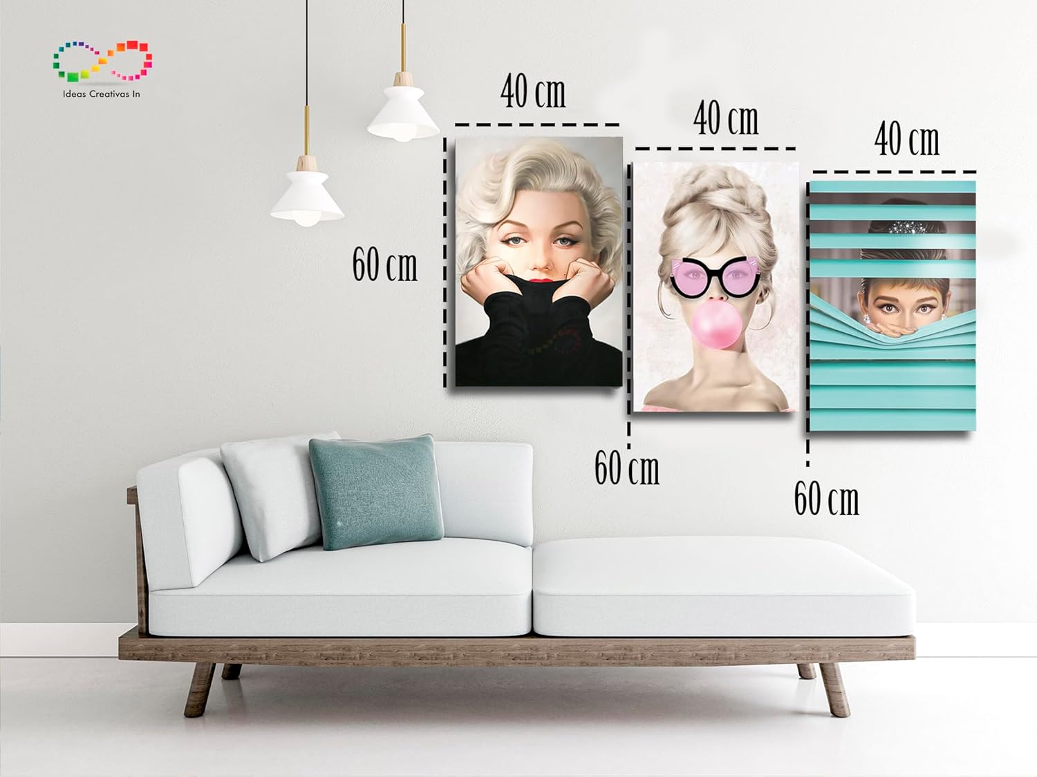 Ideas Creativas In | Set de 3 Cuadros sublimados en tela | Marilyn Monroe y Audrey Hepburn Brigitte Bardot| Estilo Moderno| Decoración en Tela Canvas| Cuadro para Sala Recamara Oficina Comedor | Listo para Colgar Tipo Galería - Imagen 4
