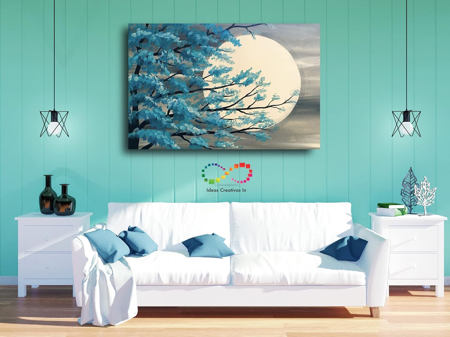 Ideas creativas In-Cuadro decorativo moderno para sala Arbol turquesa con luna-Canvas-120 x 80 cm - Imagen 8