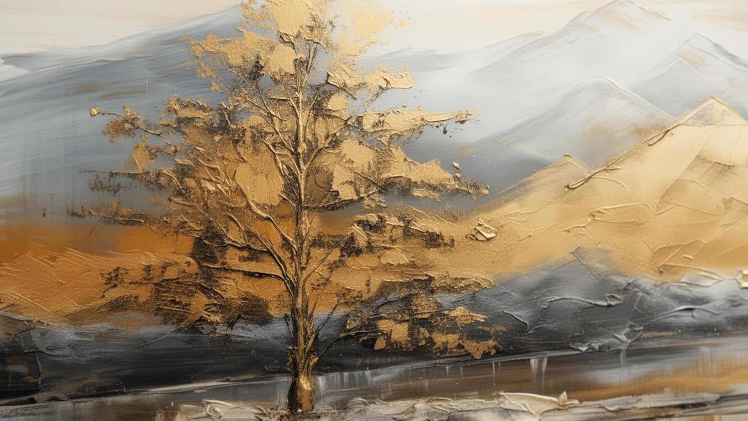 Ideas Creativas In Cuadro Decorativo Canvas Con Marco-Para Sala Recamara Oficina -Paisaje Bonito Con MontaƱas y Arboles en Tonos Dorados - Aplicacion de Polvo de Oro- Texturizado-140 X70 cm(Oro) - Imagen 8