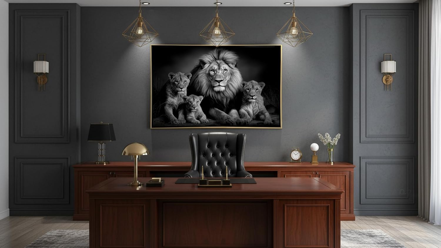 Ideas Creativas In-Cuadro Decorativo Moderno Con Marco Flotante Para Sala Recamara Oficina Familia Rey Leon Blanco Y Negro 120 X 80 CM(Oro) - Imagen 2