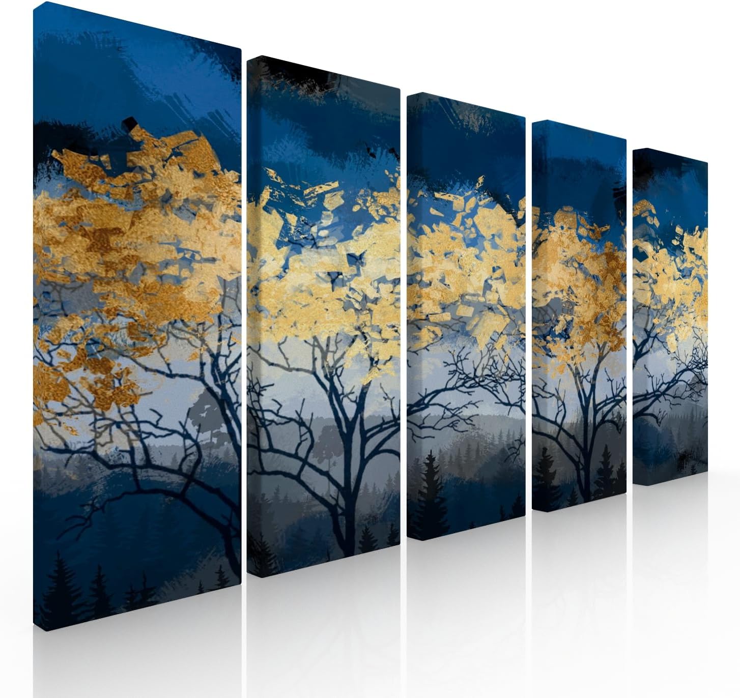 Ideas Creativas In-Set de 5 Cuadros Decorativos Abstracto Para Recamara Sala o Comedor Arbol Con Oro-Moderno-Tela Canvas-160 cm x 80 cm