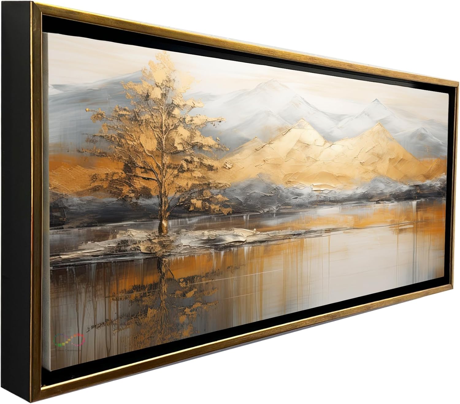 Ideas Creativas In Cuadro Decorativo Canvas Con Marco-Para Sala Recamara Oficina -Paisaje Bonito Con MontaƱas y Arboles en Tonos Dorados - Aplicacion de Polvo de Oro- Texturizado-140 X70 cm(Oro)
