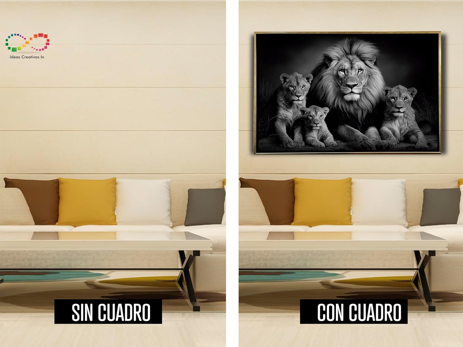 Ideas Creativas In-Cuadro Decorativo Moderno Con Marco Flotante Para Sala Recamara Oficina Familia Rey Leon Blanco Y Negro 120 X 80 CM(Oro) - Imagen 8