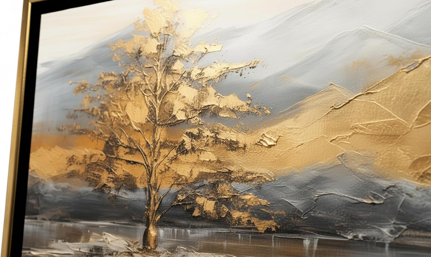 Ideas Creativas In Cuadro Decorativo Canvas Con Marco-Para Sala Recamara Oficina -Paisaje Bonito Con MontaƱas y Arboles en Tonos Dorados - Aplicacion de Polvo de Oro- Texturizado-140 X70 cm(Oro) - Imagen 4