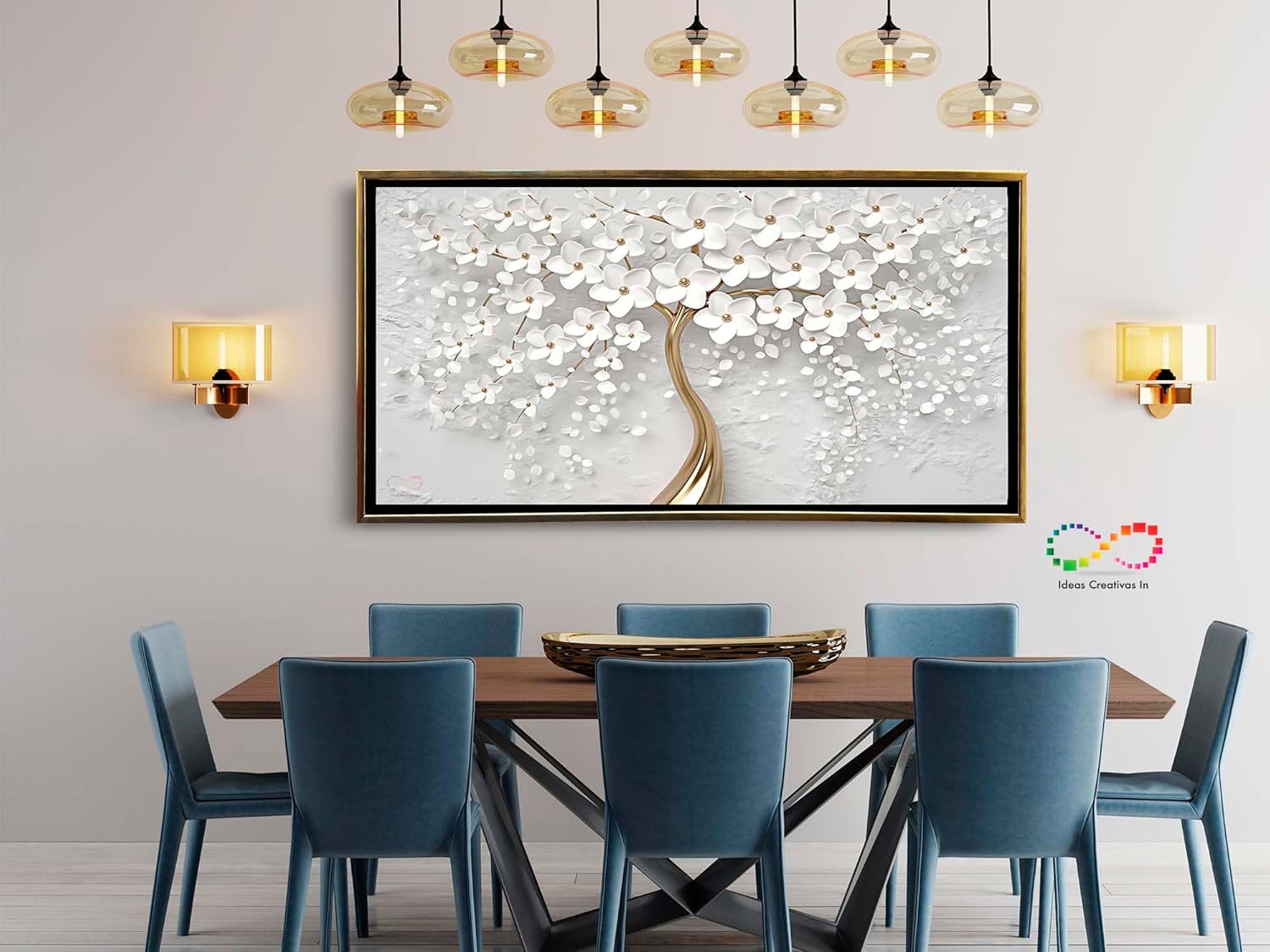 Cuadro Decorativo Moderno Con Marco Oro Para Sala Recamara Oficina o Comedor Flores Blancas - Imagen 2