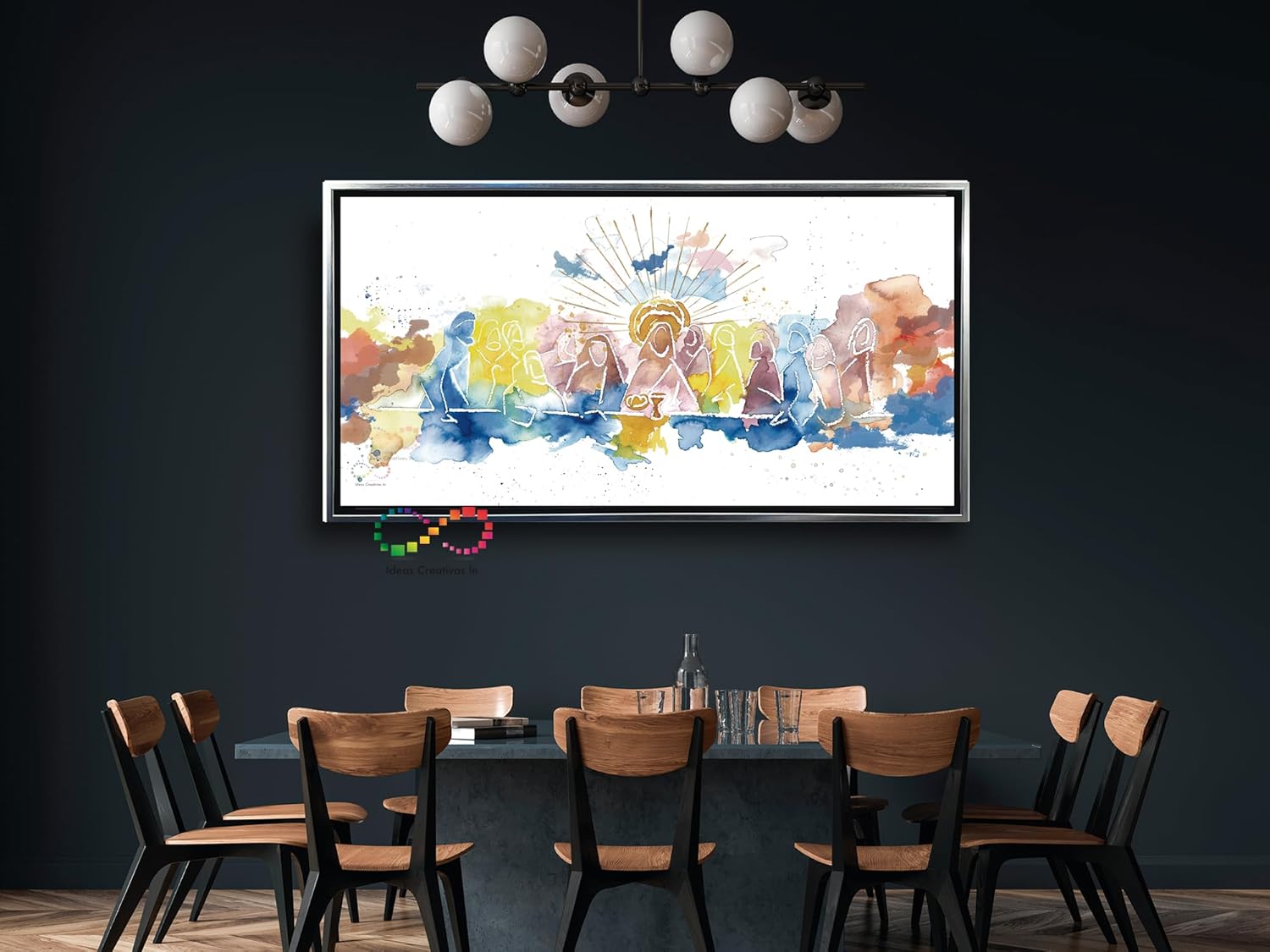 Ideas creativas in-Cuadro Decorativo Canvas Marco Flotante Para Comedor Cocina Ultima Cena Abstracta Acuarela Ideas Creativas In Calidad Premium (Plata) Textura Oleo-140x70 - Imagen 2