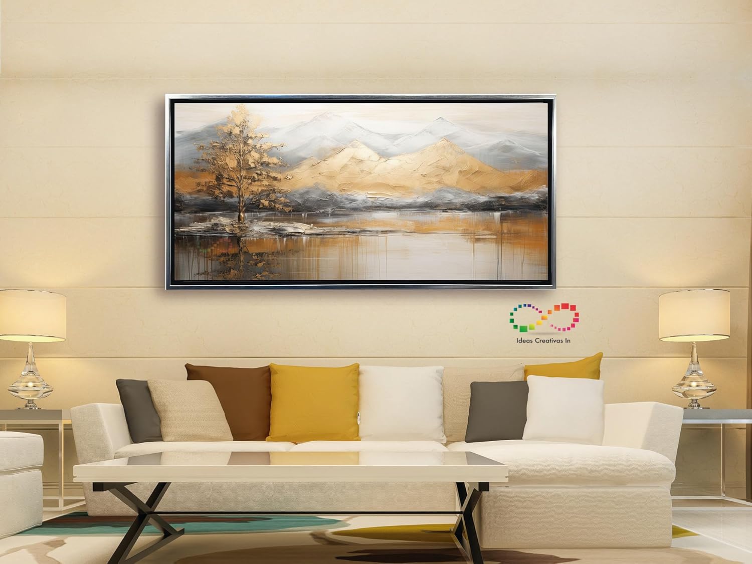 Ideas creativas in- Cuadro Decorativo Canvas Con Marco Flotante Para Sala Recamara Oficina Paisaje Bonito Con MontaƱas y Arboles en Tonos Dorados Ideas Creativas In 140 x 70 cm (Plata) - Imagen 2