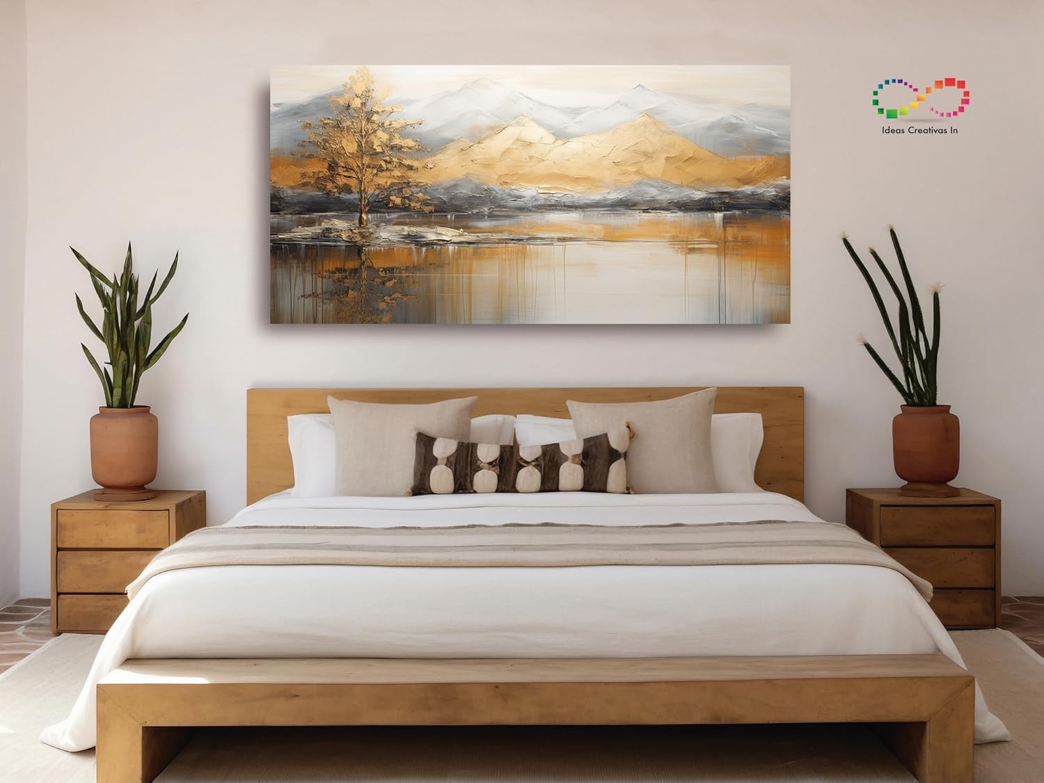 Ideas creativas In-Cuadro Decorativo Moderno Para Sala Dormitorio Oficina- Paisaje MontaƱas Doradas Y Gran Lago-Calidad Premium-Terminados En Polvo de Oro- Pintura - Imagen 5