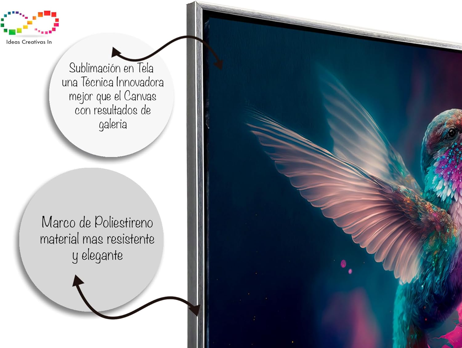 Ideas Creativas In-Cuadro Decorativo Moderno Con Marco Flotante Colibri Magico Volando Flores- Tipo Galeria-120 cm x 80 cm (plata) (copia) - Imagen 5