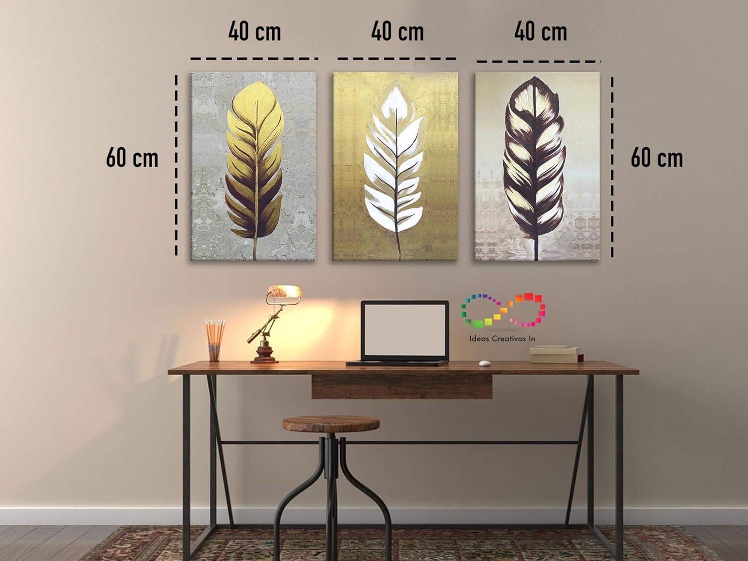 Ideas creativas In-Set de 3 Cuadros Decorativos Para Recamara Sala o Comedor Plumas Oro 40 x 60 cm - Imagen 5