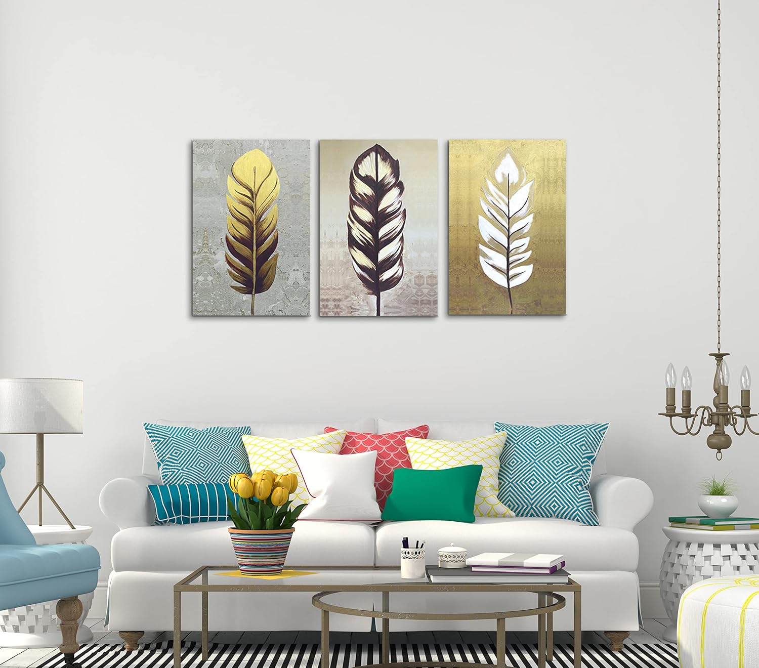 Ideas creativas In-Set de 3 Cuadros Decorativos Para Recamara Sala o Comedor Plumas Oro 40 x 60 cm - Imagen 6