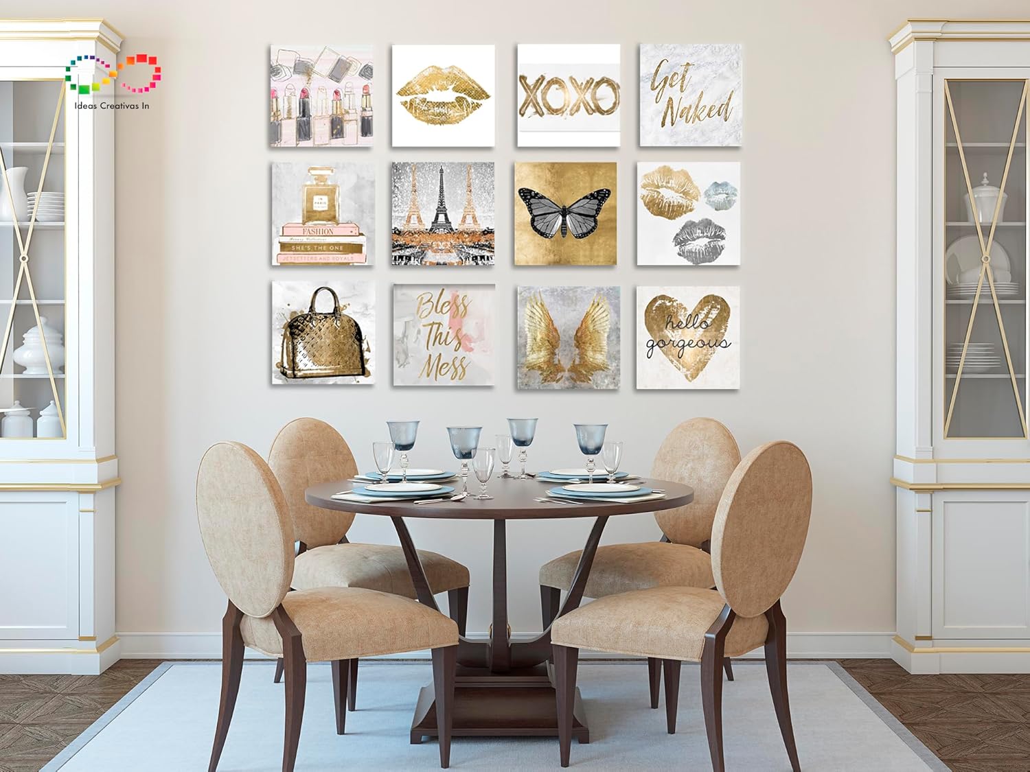 Ideas Creativas In-Set de 12 Cuadros Decorativos Para Recamaras- Love Fashion Tonos Dorados-Tela Canvas - Imagen 4