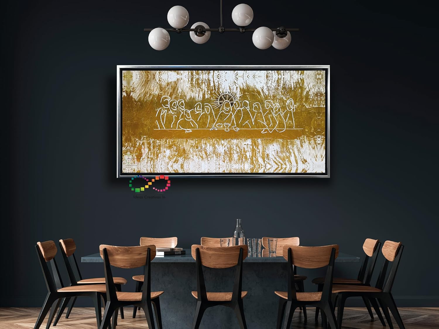Ideas Creativas in-Cuadro Decorativo Canvas Marco Flotante Para Comedor Cocina Ultima Cena Tonbos Dorados Calidad Premium (Plata)-Textura Oleo-140x70 cm - Imagen 2