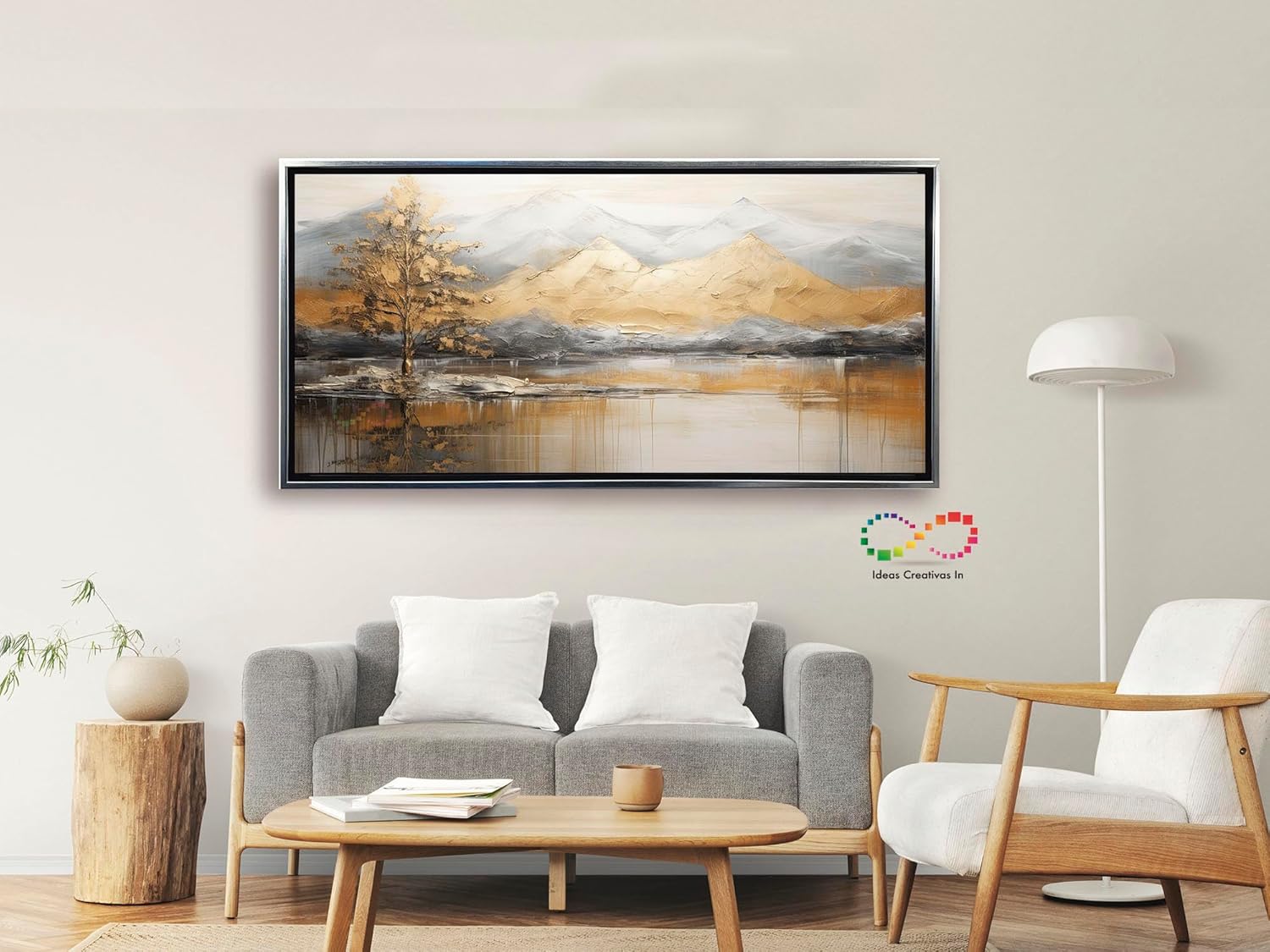 Ideas creativas in- Cuadro Decorativo Canvas Con Marco Flotante Para Sala Recamara Oficina Paisaje Bonito Con MontaƱas y Arboles en Tonos Dorados Ideas Creativas In 140 x 70 cm (Plata) - Imagen 5