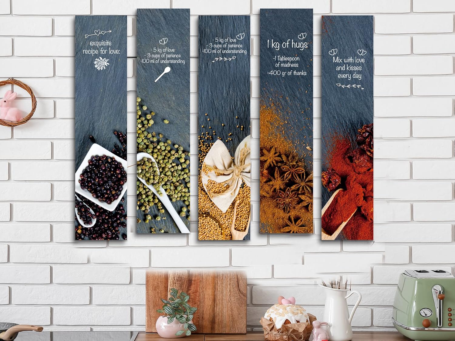 Ideas Creativas In-Set De 5 Cuadros Decorativos Para Cocina Receta de Amor- -Modernos- Especias Para Cocinas Con Frases De amor - Imagen 2