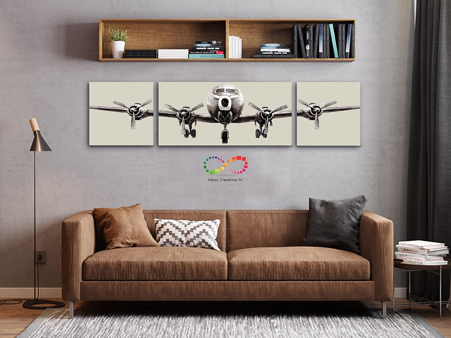 Ideas Creativas in- Set de 3 Cuadros Decorativos En Canvas Para Recamara Sala o Comedor Avion Antiguo-Estilo Pintura- 180 x 43 cm - Imagen 7
