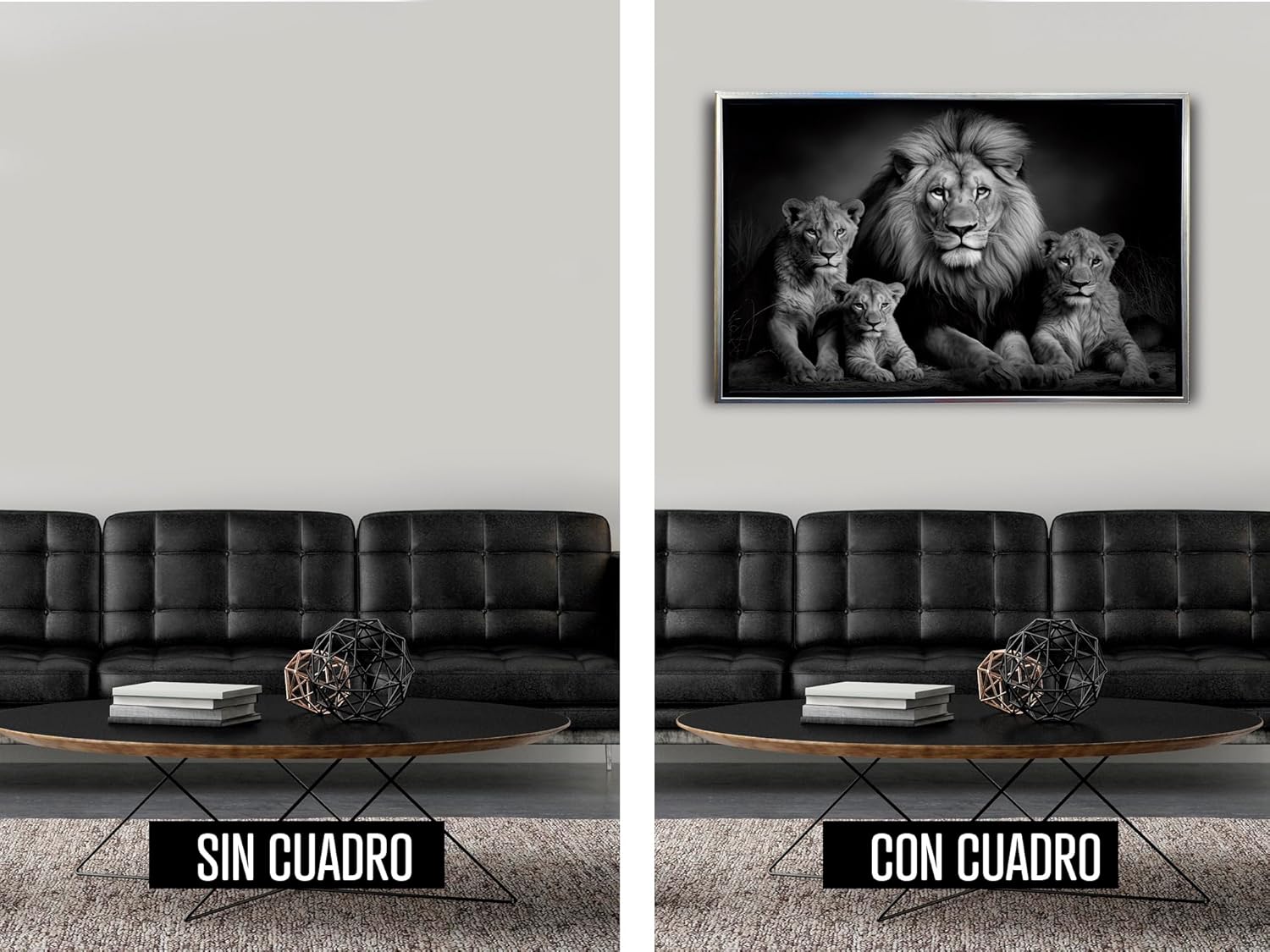 Ideas creativas In- Cuadro Decorativo Moderno Con Marco Flotante Para Sala Recamara Oficina Familia Rey Leon-Blanco y Negro 120 X 80 CM (Plata) - Imagen 7
