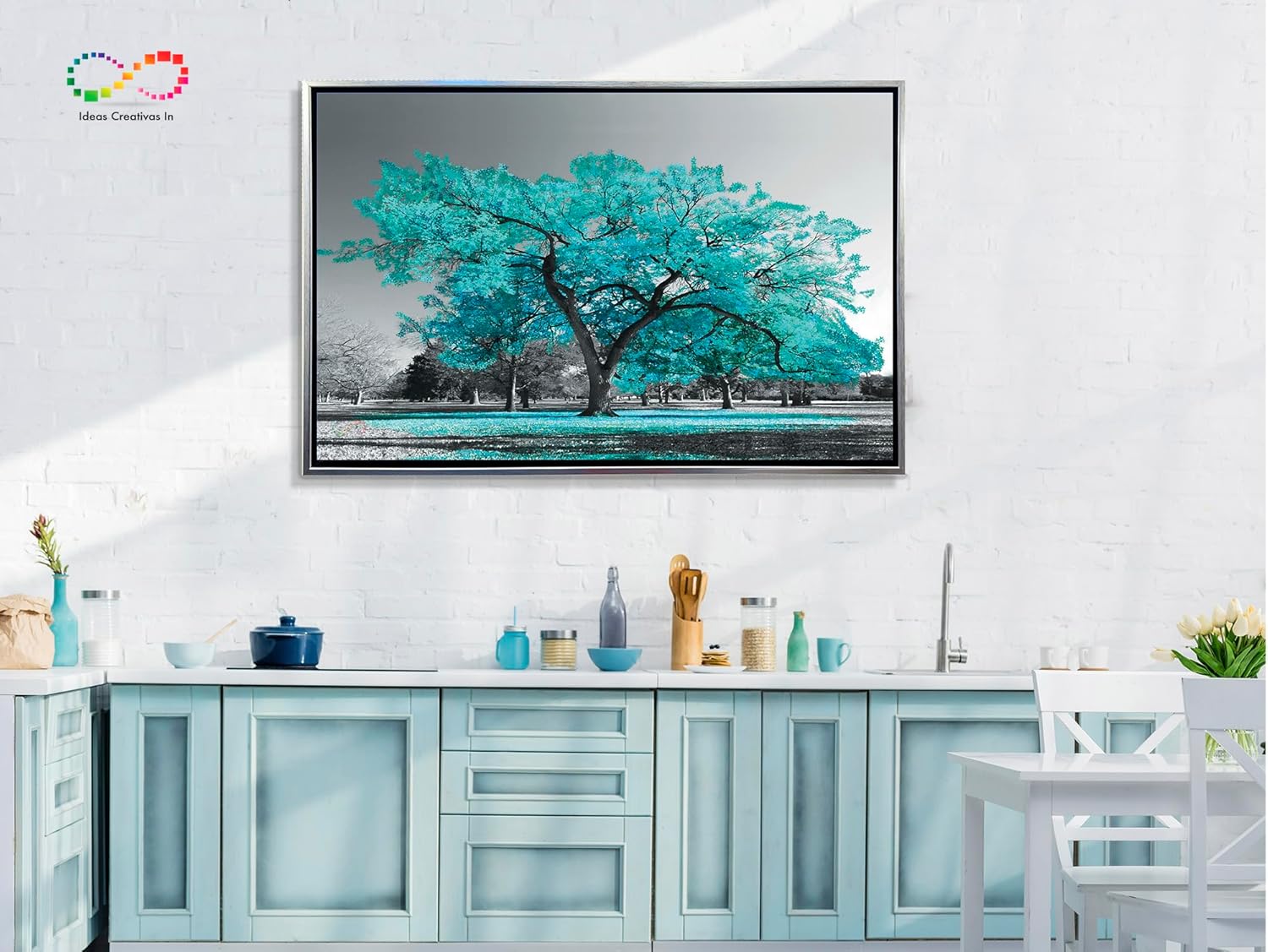 Ideas Creativas In-Cuadro Decorativo Moderno Para Sala Arbol Turquesa Con Marco Flotante Plata- 120 x 80 cm - Imagen 5