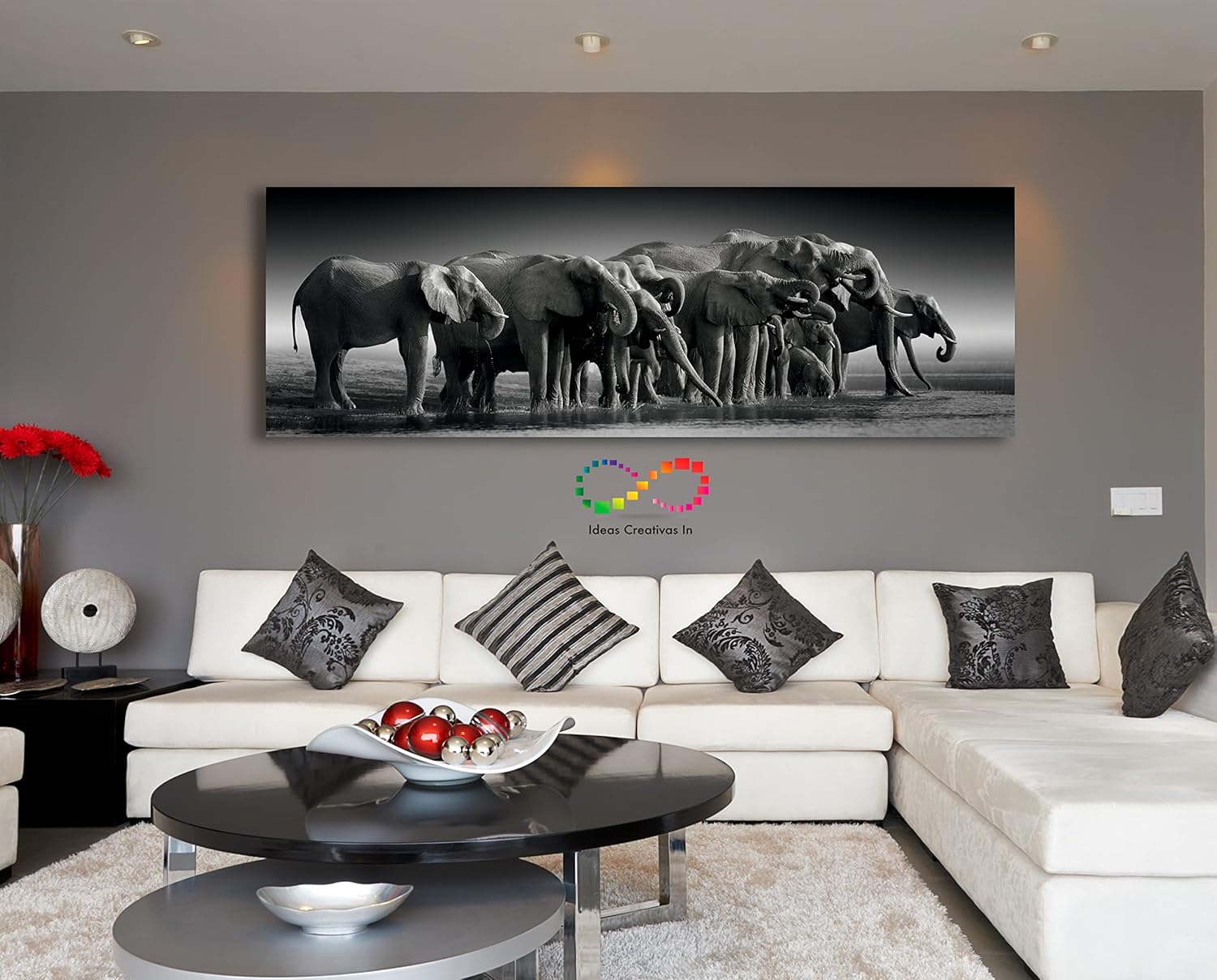 Ideas Creativas In-Cuadro Decorativo Panorámico Para Sala o Recamara Familia De Elefantes- Moderno- Blanco Y negro-Canvas-Tipo Galeria-150 x 50 cm - Imagen 2