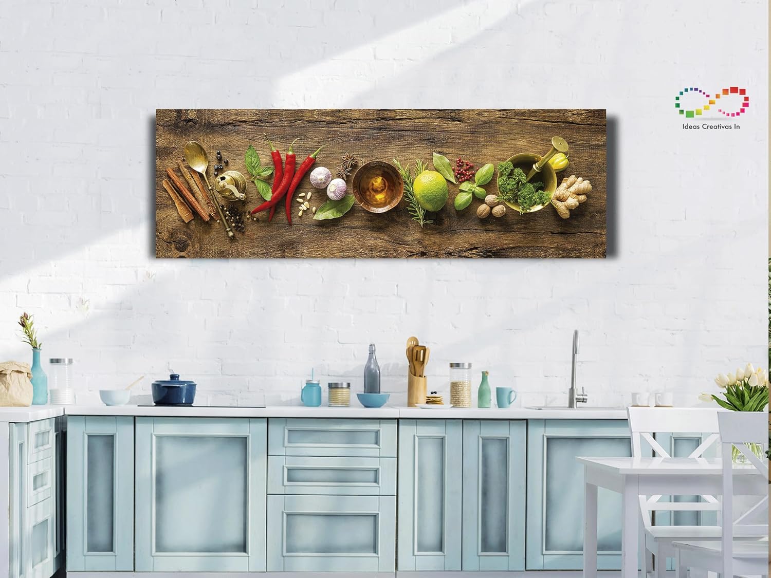 Ideas Creativas in-Cuadro Decorativo Moderno en Canvas Para Comedor o Cocina Especias Madera madera Panoramico-Decoracion Cocina Restaurante-Verduras-Utensilios-Semillas-Canvas- Listo para colgar 150 x 50 cm - Imagen 4