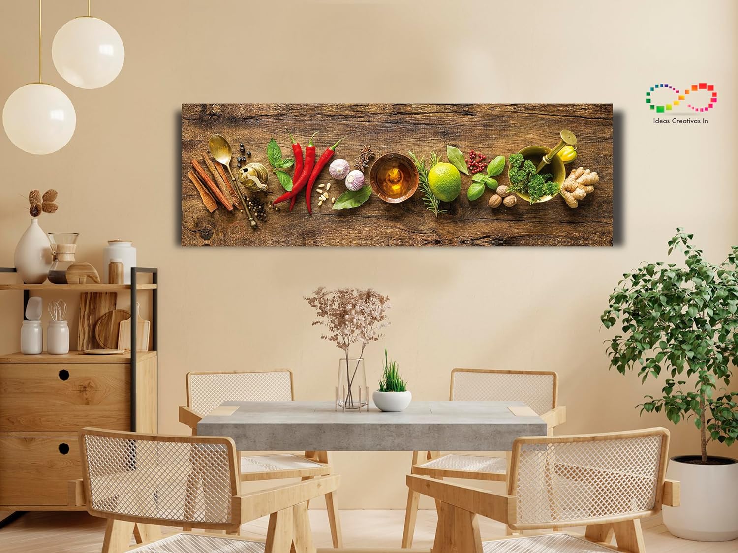 Ideas Creativas in-Cuadro Decorativo Moderno en Canvas Para Comedor o Cocina Especias Madera madera Panoramico-Decoracion Cocina Restaurante-Verduras-Utensilios-Semillas-Canvas- Listo para colgar 150 x 50 cm - Imagen 5