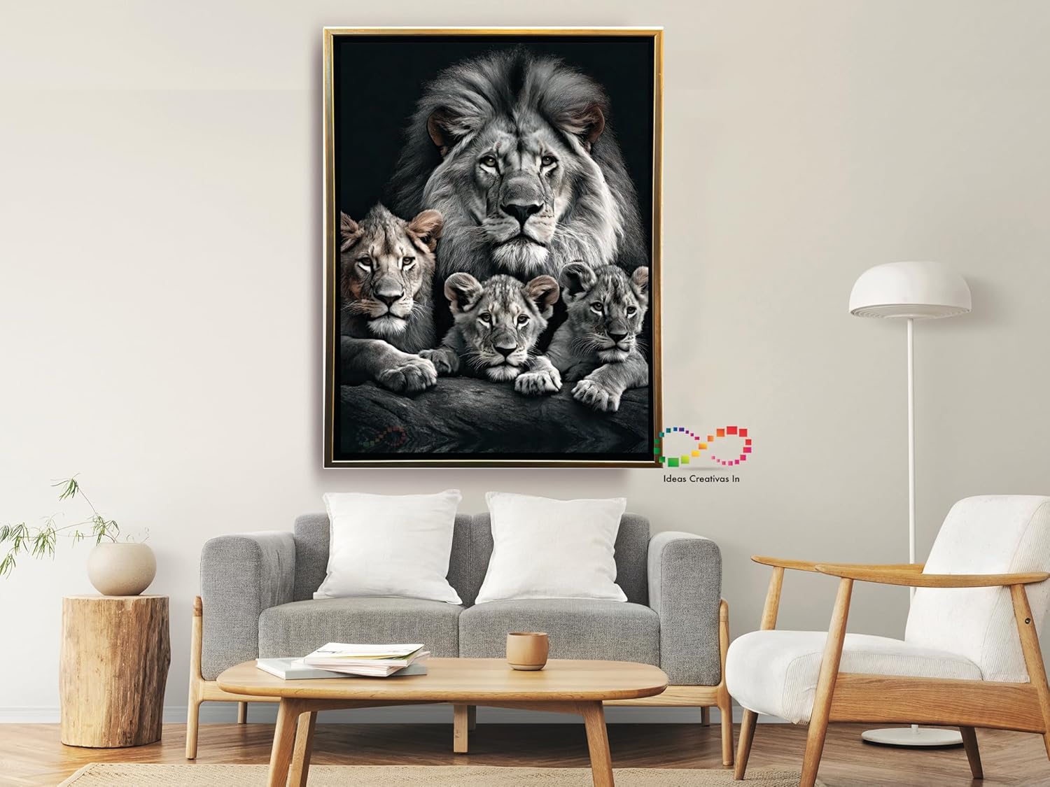 Ideas Creativas In-Cuadro Decorativo Canvas Con Marco Flotante Para Sala Recamara Oficina Bar Familia De Leones Moderno-Blanco y Negro 80 cm x 120 cm (Oro) - Imagen 8