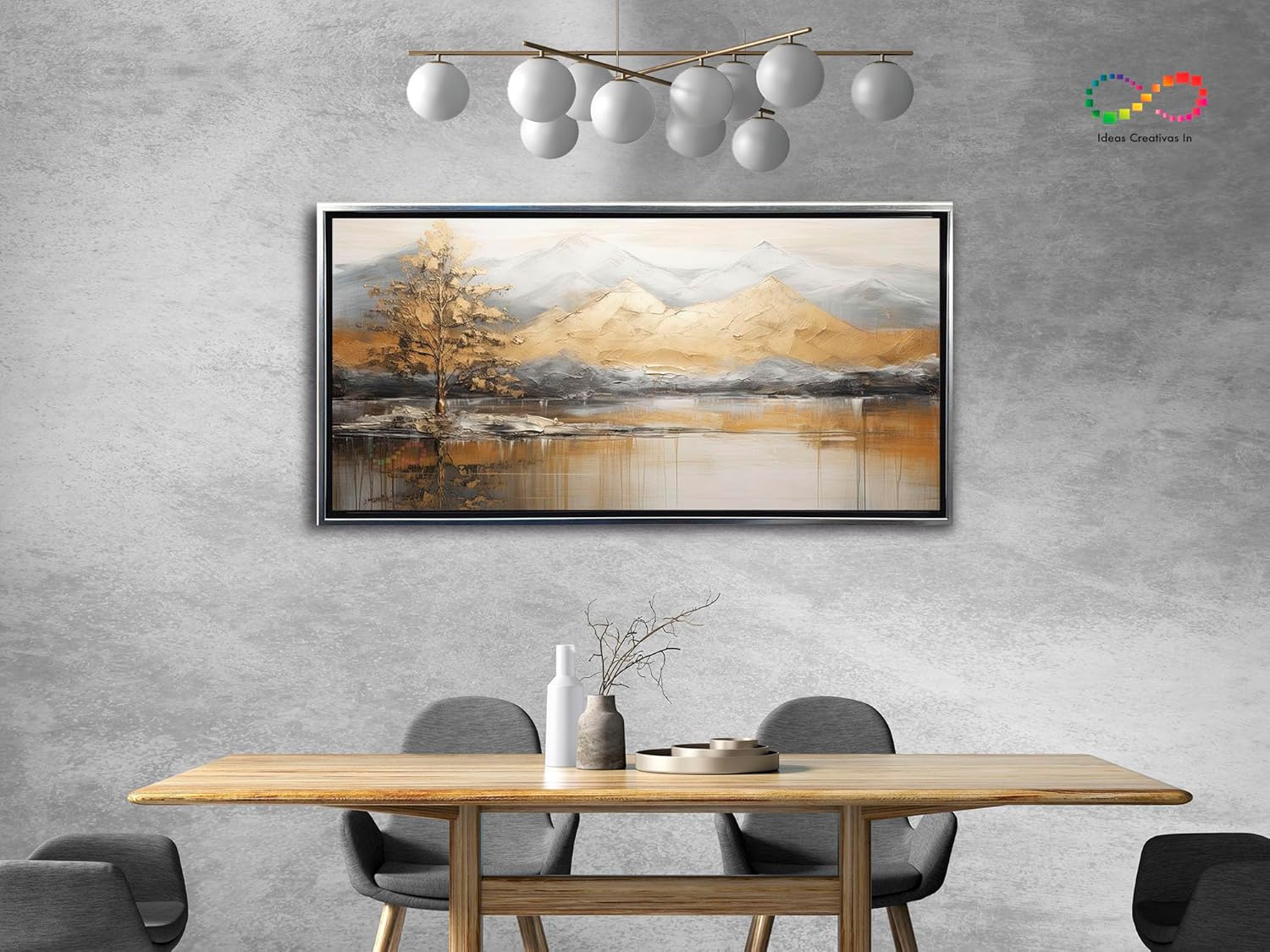 Ideas creativas in- Cuadro Decorativo Canvas Con Marco Flotante Para Sala Recamara Oficina Paisaje Bonito Con MontaƱas y Arboles en Tonos Dorados Ideas Creativas In 140 x 70 cm (Plata) - Imagen 7