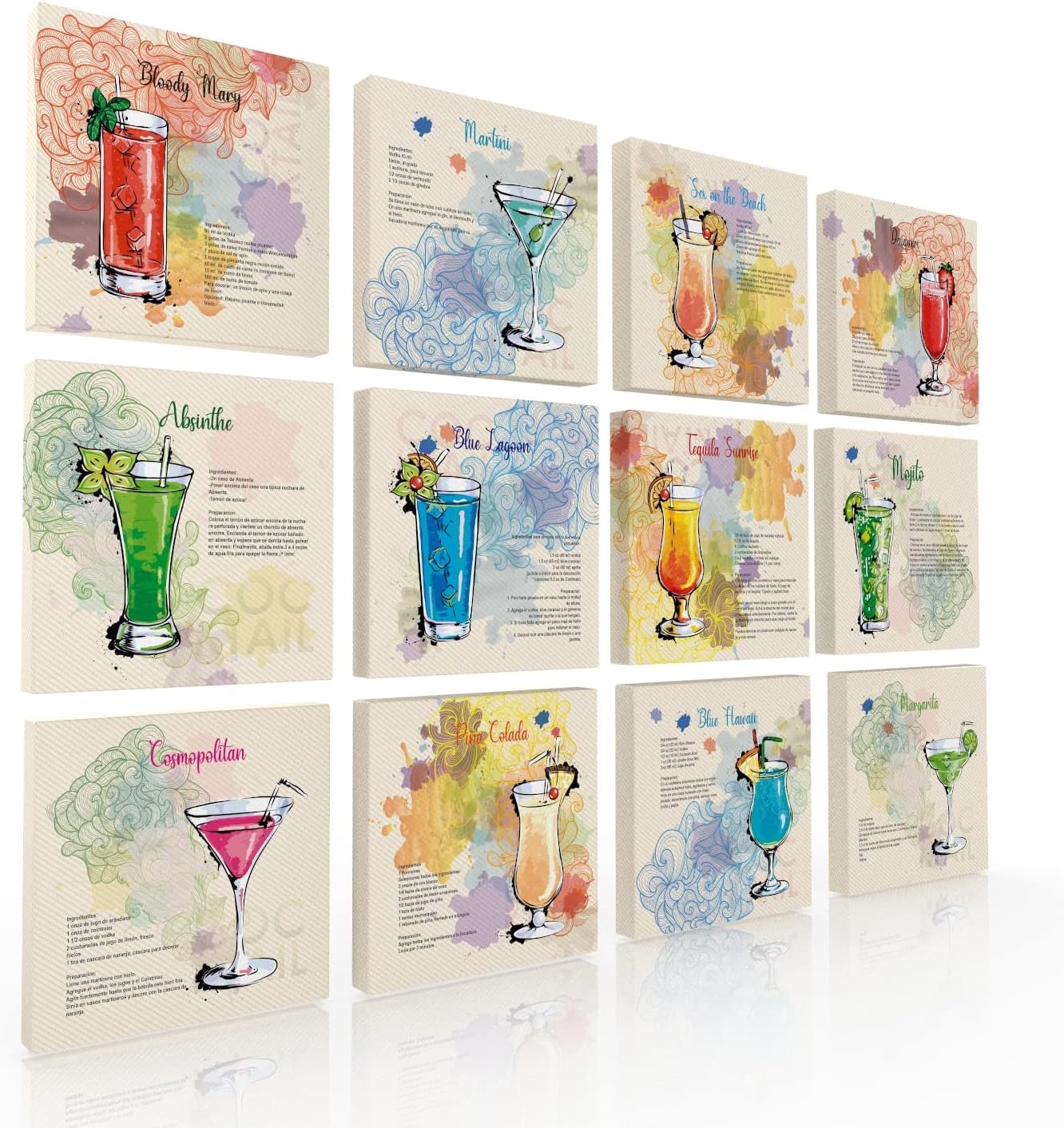 Ideas Creativas In Set de 12 Cuadro Decorativos Para Bar Los Mejores Cocteles-Recetas-Cantinas-Canvas