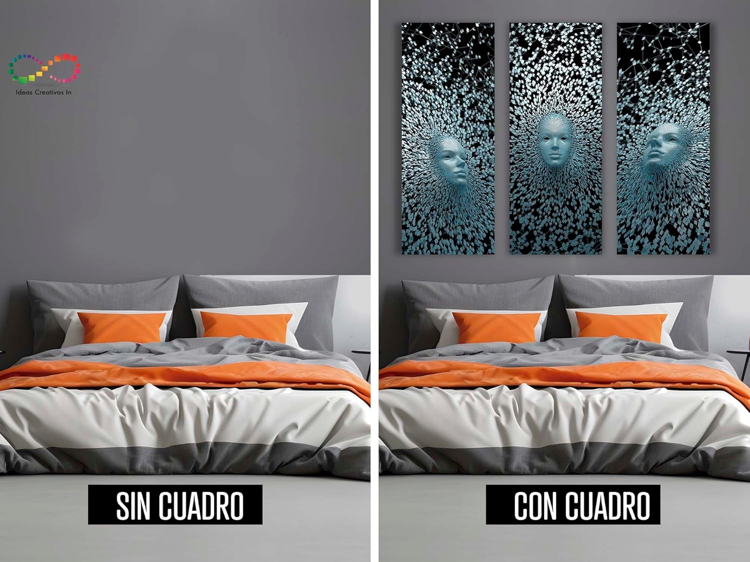 Ideas Creativas In-Set de 3 Cuadros Decorativos Modernos Canvas Rostro 3D-Minimalistas-Decoracion Recamara Sala-130 cm x 100 cm - Imagen 6