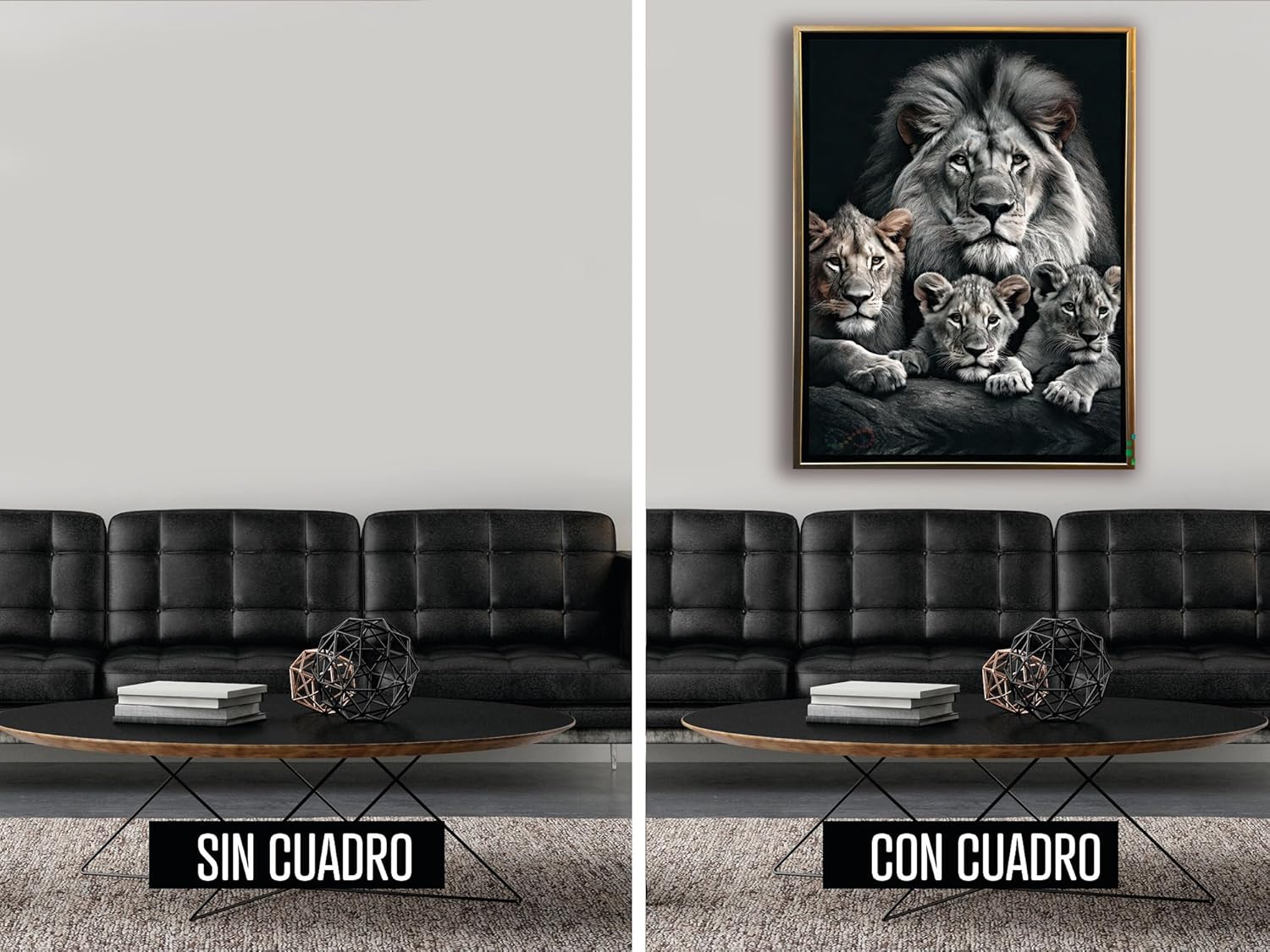 Ideas Creativas In-Cuadro Decorativo Canvas Con Marco Flotante Para Sala Recamara Oficina Bar Familia De Leones Moderno-Blanco y Negro 80 cm x 120 cm (Oro) - Imagen 6