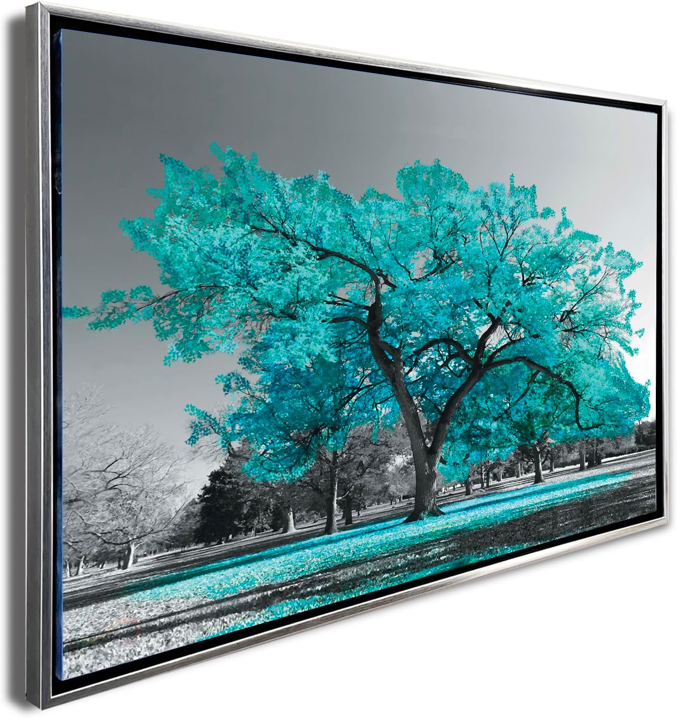 Ideas Creativas In-Cuadro Decorativo Moderno Para Sala Arbol Turquesa Con Marco Flotante Plata- 120 x 80 cm