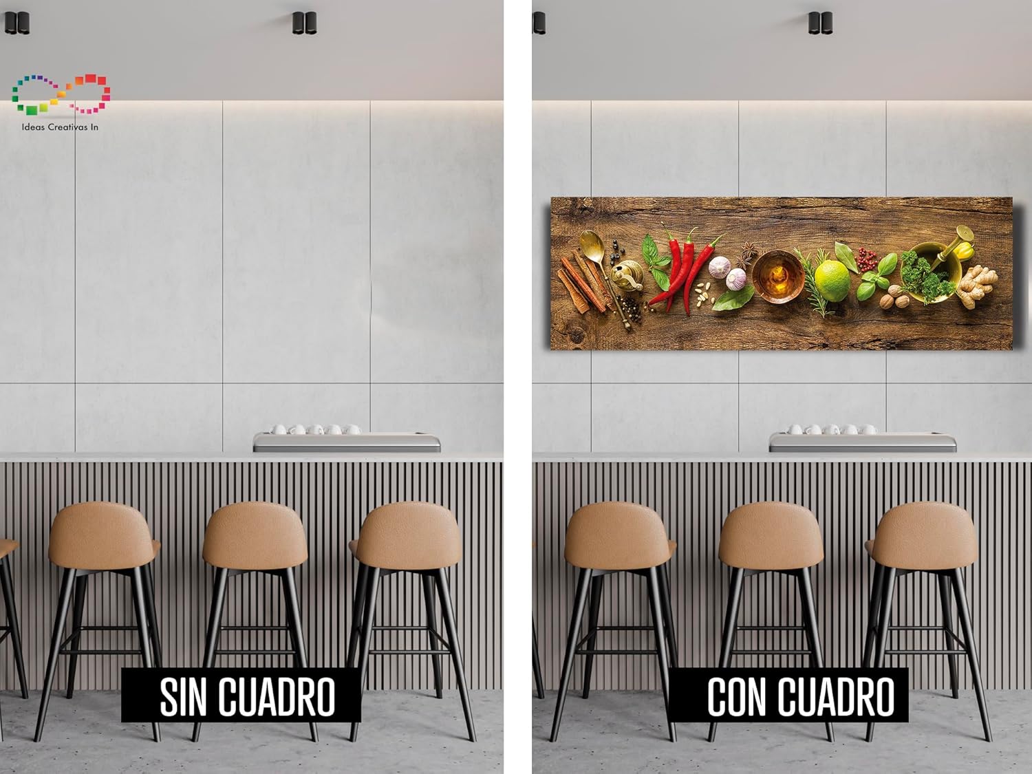 Ideas Creativas in-Cuadro Decorativo Moderno en Canvas Para Comedor o Cocina Especias Madera madera Panoramico-Decoracion Cocina Restaurante-Verduras-Utensilios-Semillas-Canvas- Listo para colgar 150 x 50 cm - Imagen 6