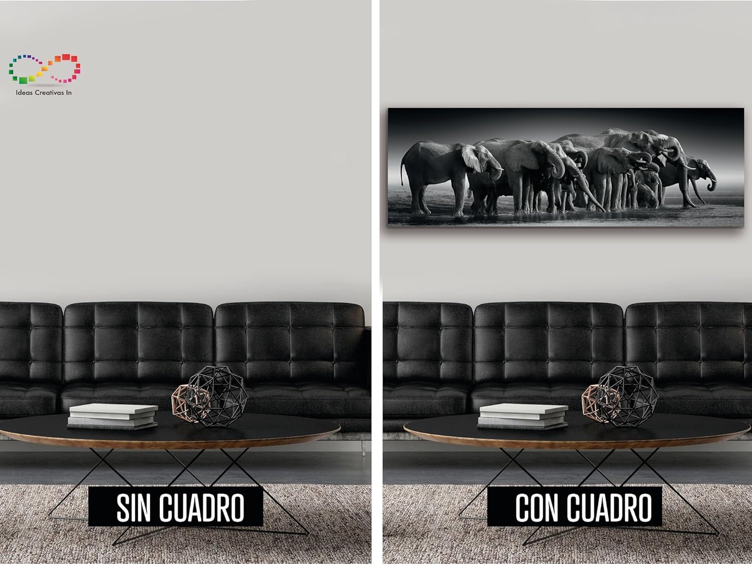 Ideas Creativas In-Cuadro Decorativo Panorámico Para Sala o Recamara Familia De Elefantes- Moderno- Blanco Y negro-Canvas-Tipo Galeria-150 x 50 cm - Imagen 4