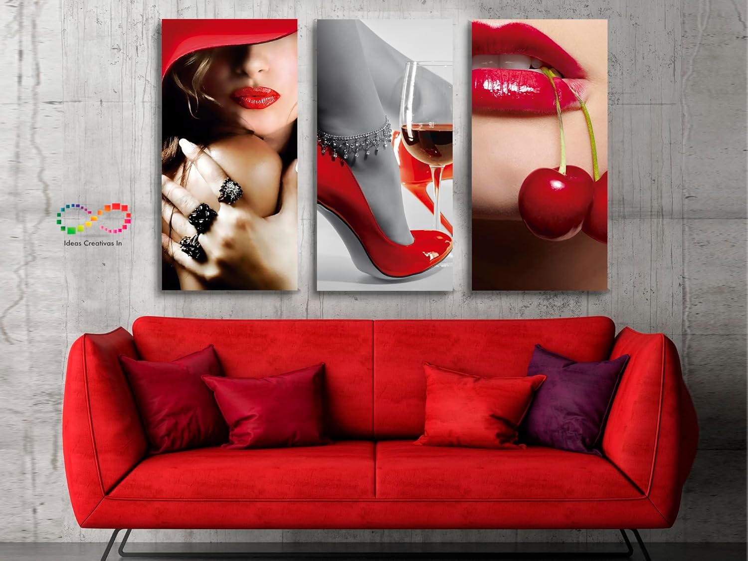 Ideas creativas In-Set de 3 Cuadros Decorativos Modernos en Tela Mujer Sexy Cerezas-Labios Rojos-Para Recamara Sala-120 cm x 80 cm - Imagen 2