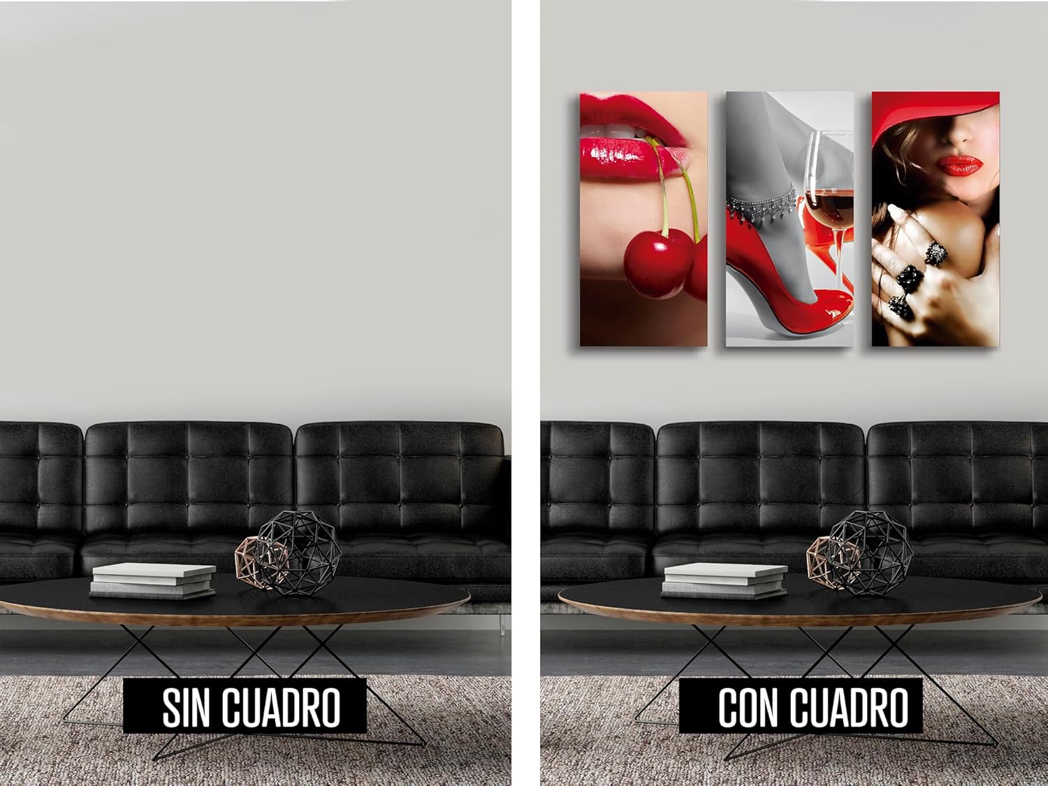 Ideas creativas In-Set de 3 Cuadros Decorativos Modernos en Tela Mujer Sexy Cerezas-Labios Rojos-Para Recamara Sala-120 cm x 80 cm - Imagen 5