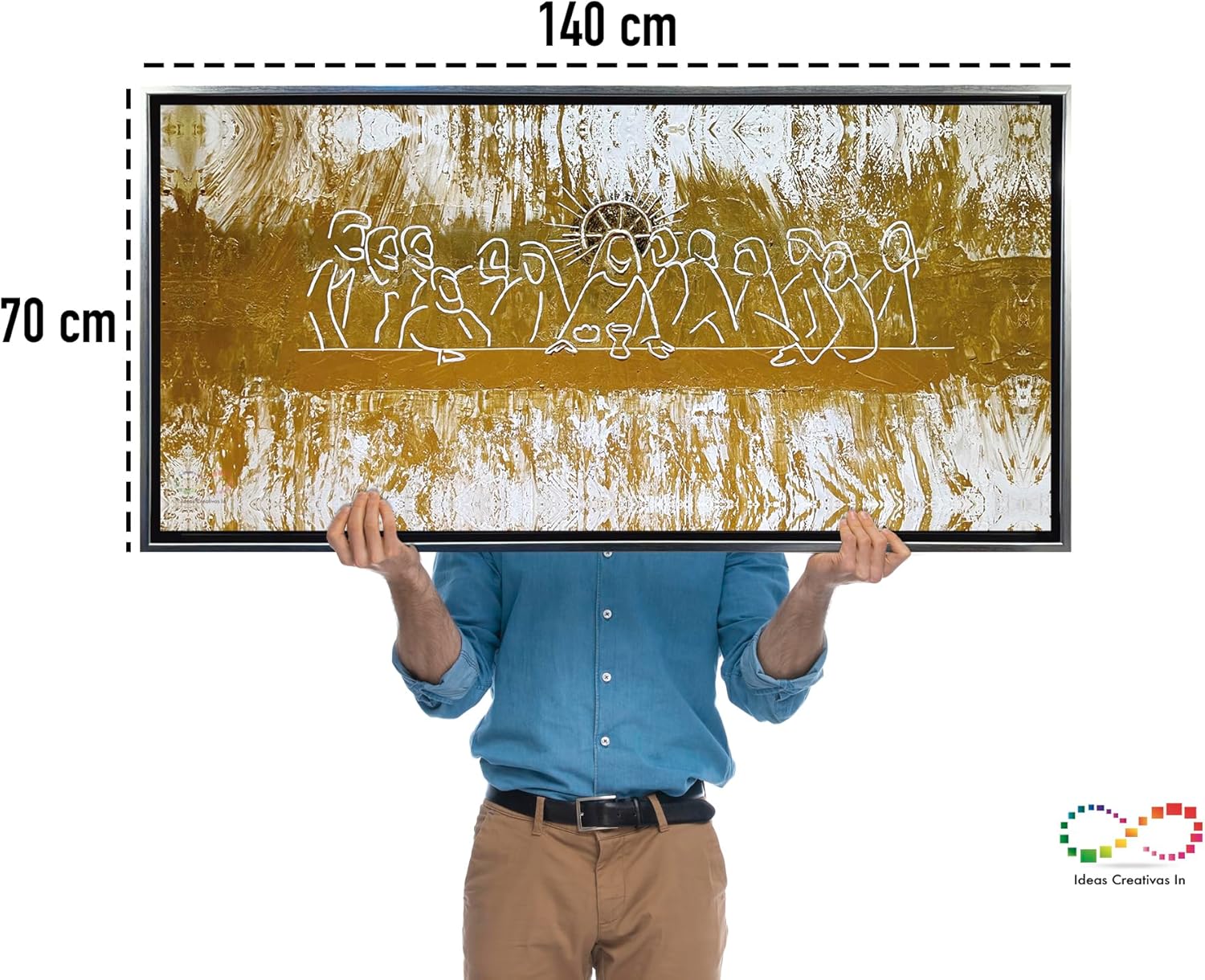 Ideas Creativas in-Cuadro Decorativo Canvas Marco Flotante Para Comedor Cocina Ultima Cena Tonbos Dorados Calidad Premium (Plata)-Textura Oleo-140x70 cm - Imagen 6